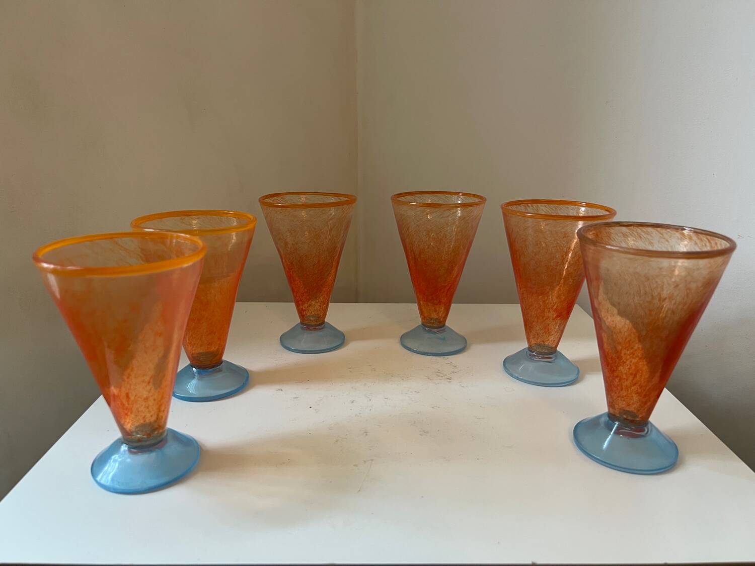Set of 6 orange and blue vintage design stemmed glasses from the 1990s by A.GRAY.