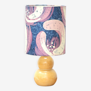 Lampe en bois abat jour en tissu violet années 60