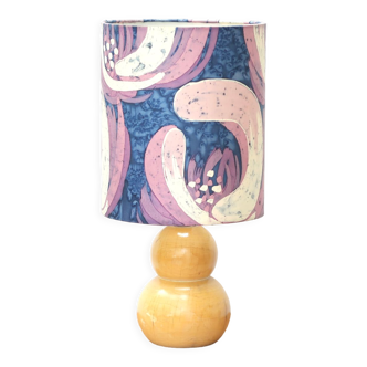 Wooden lamp, purple fabric lampshade, 60s