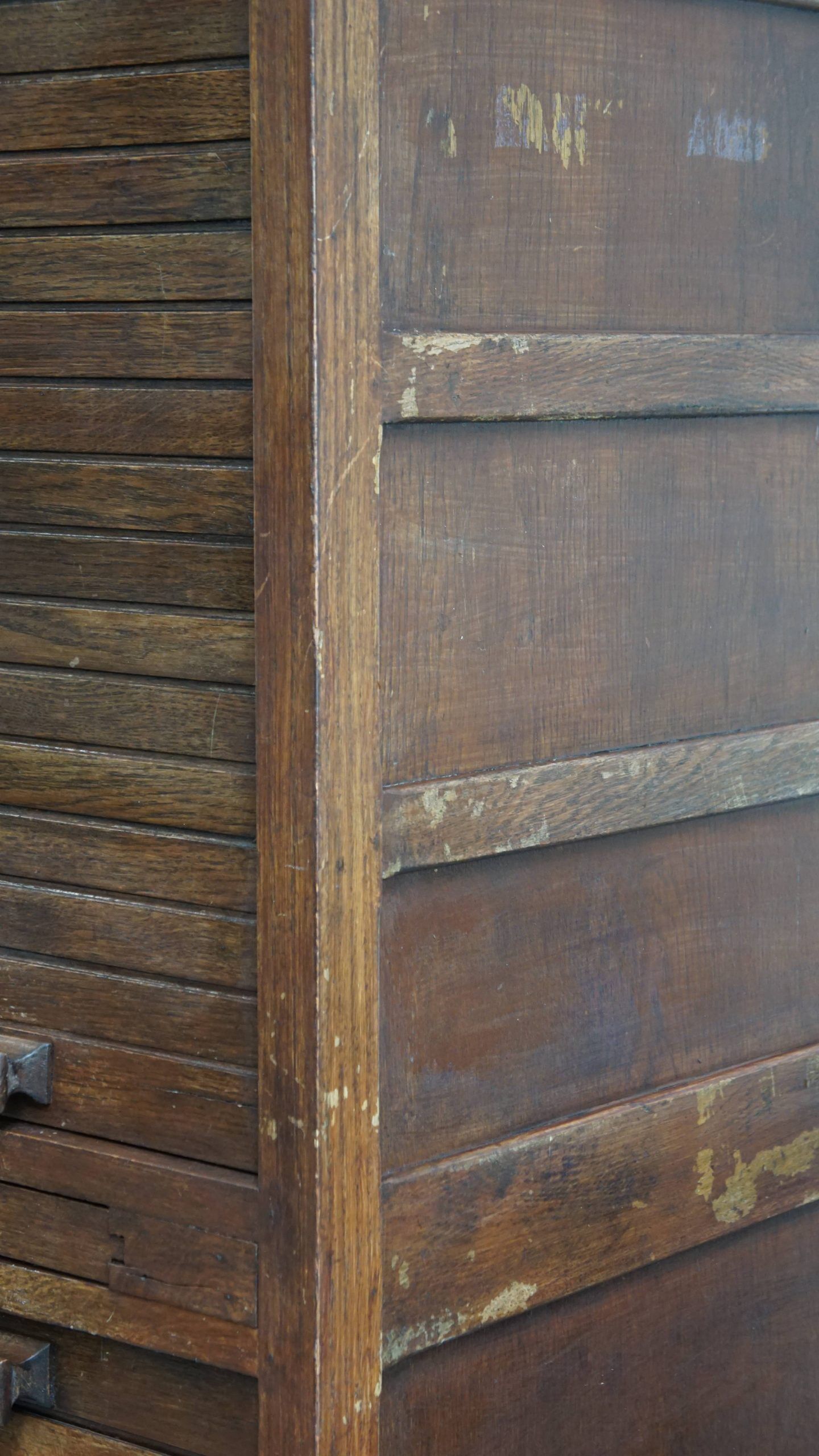 Antique oak notary cabinet with two roller doors and a working lock