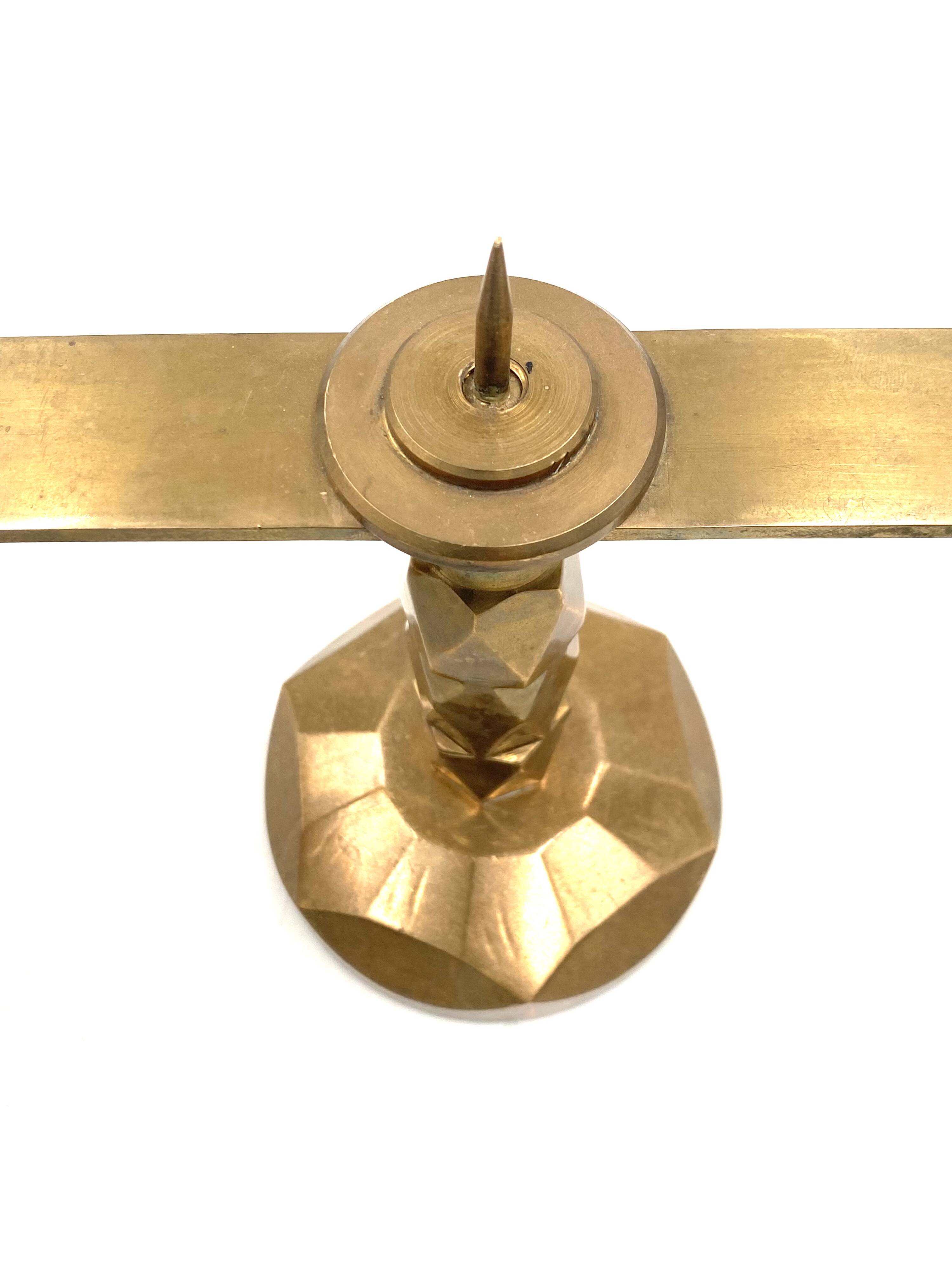 Brutalist brass pair of candle holders, France 1970