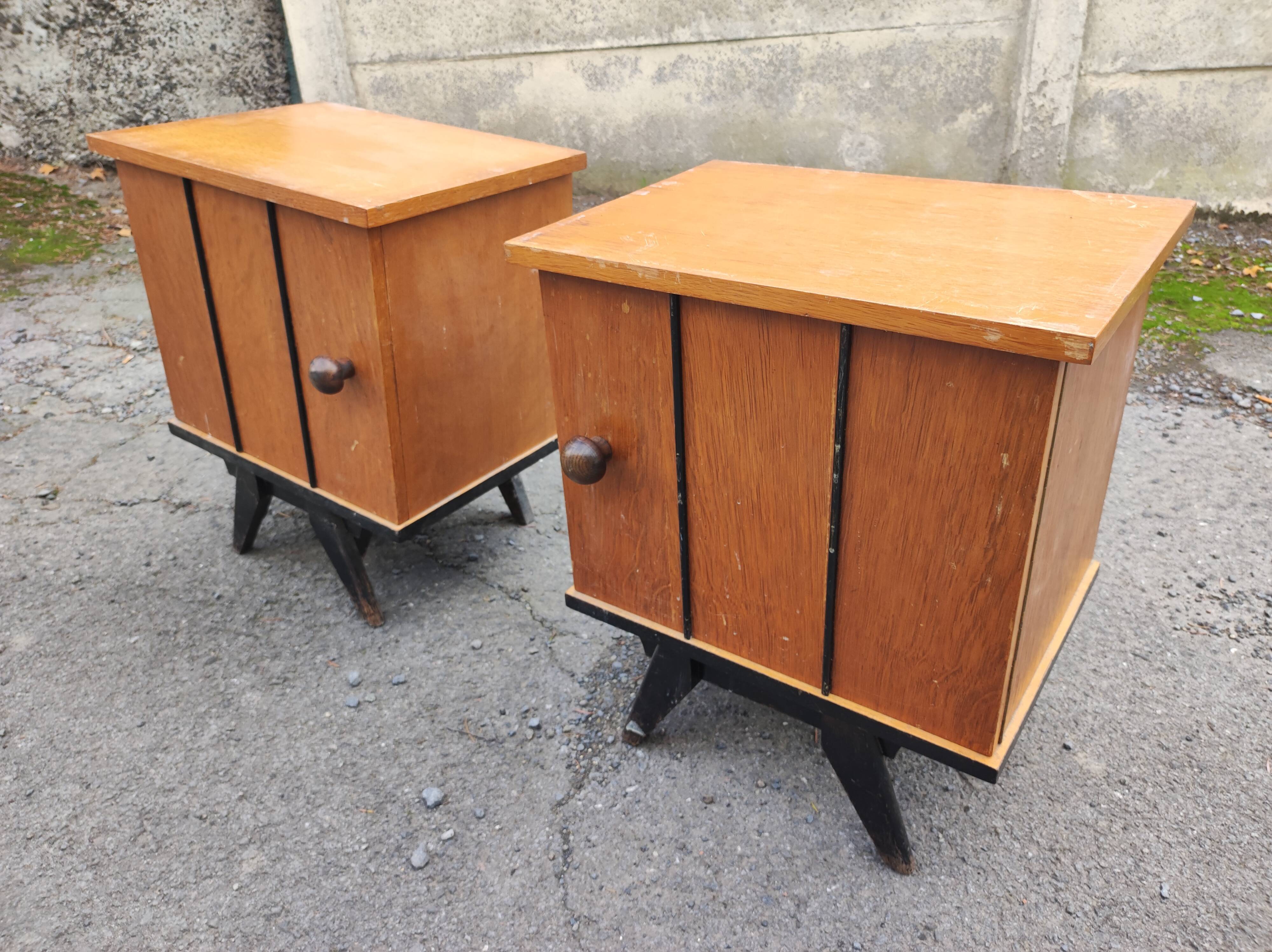 Pair of wooden bedside tables feet vintage compass