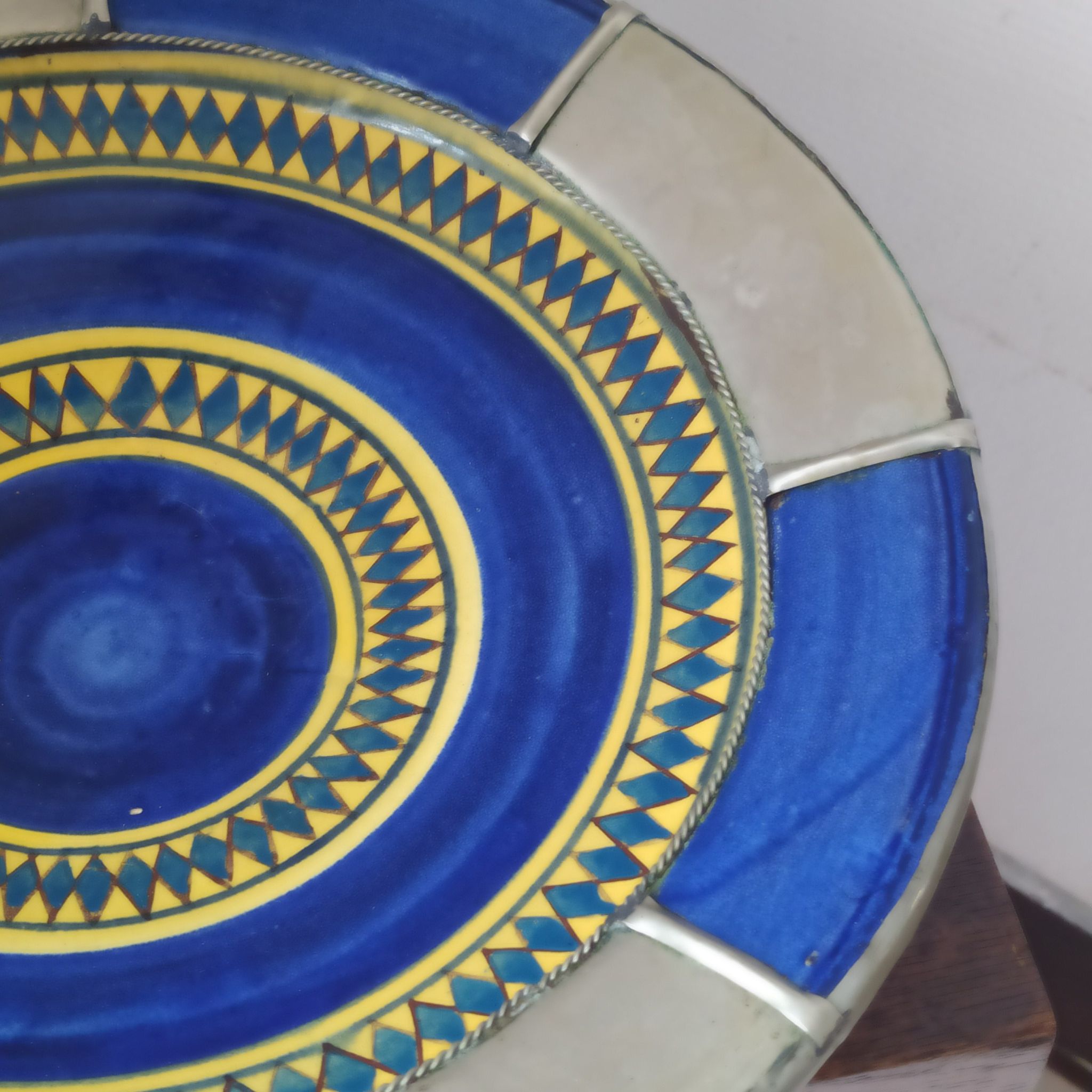 Moroccan dish polychrome faience and silver metal signed