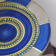 Moroccan dish polychrome faience and silver metal signed