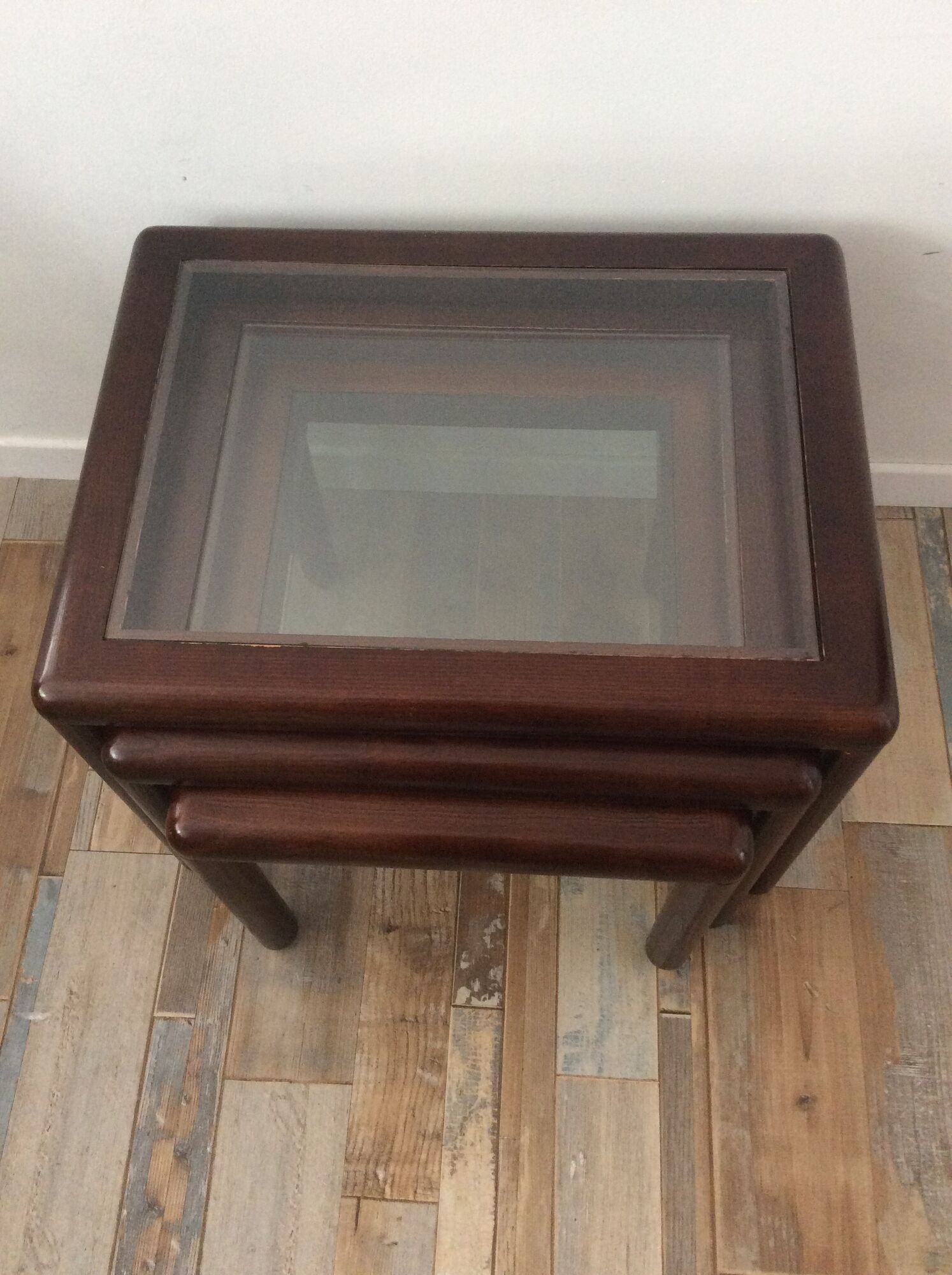 Series of 3 wooden and glass tables from the 70s