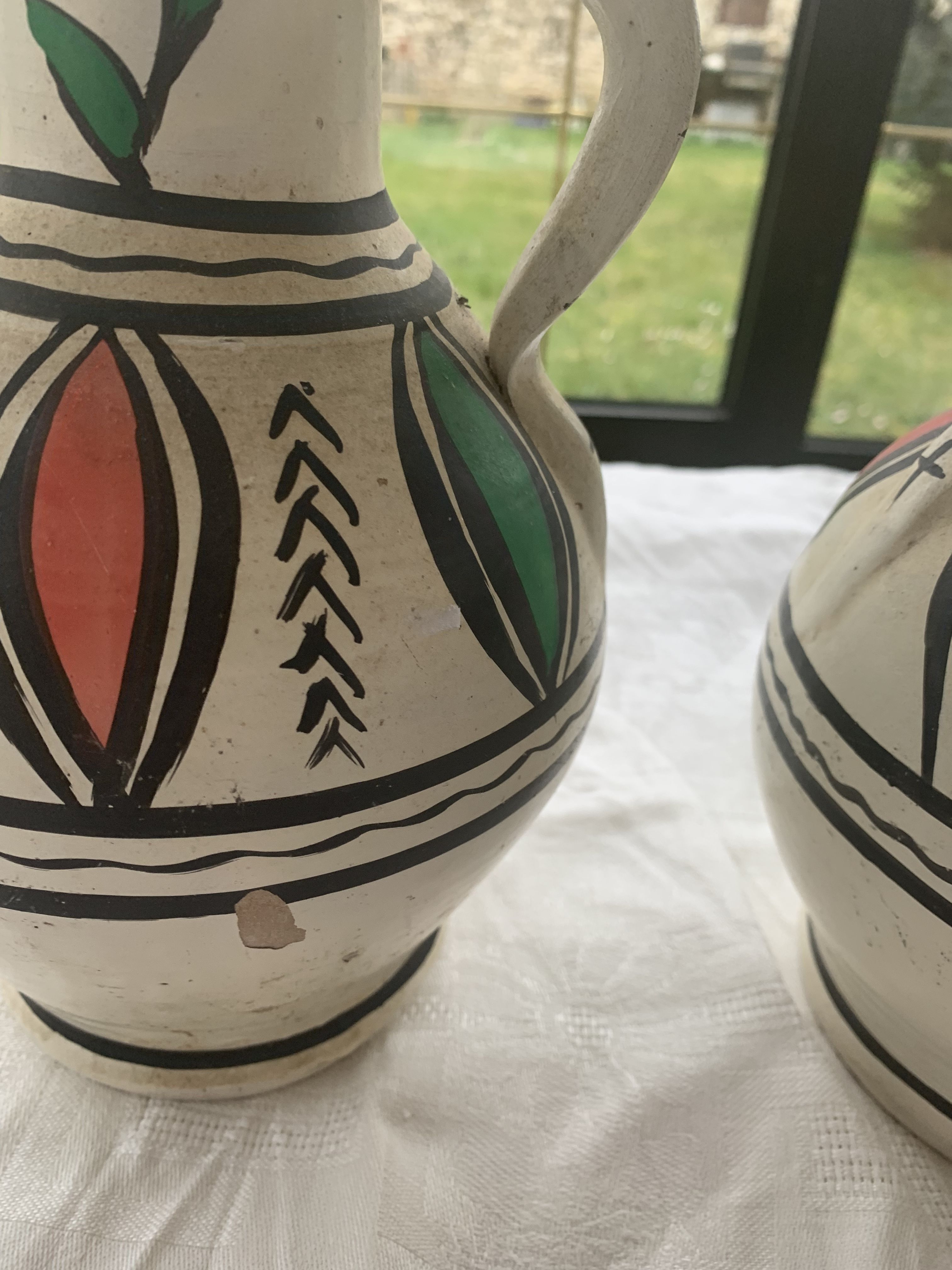 Pair of amphora vase, vintage artisanal and oriental pottery