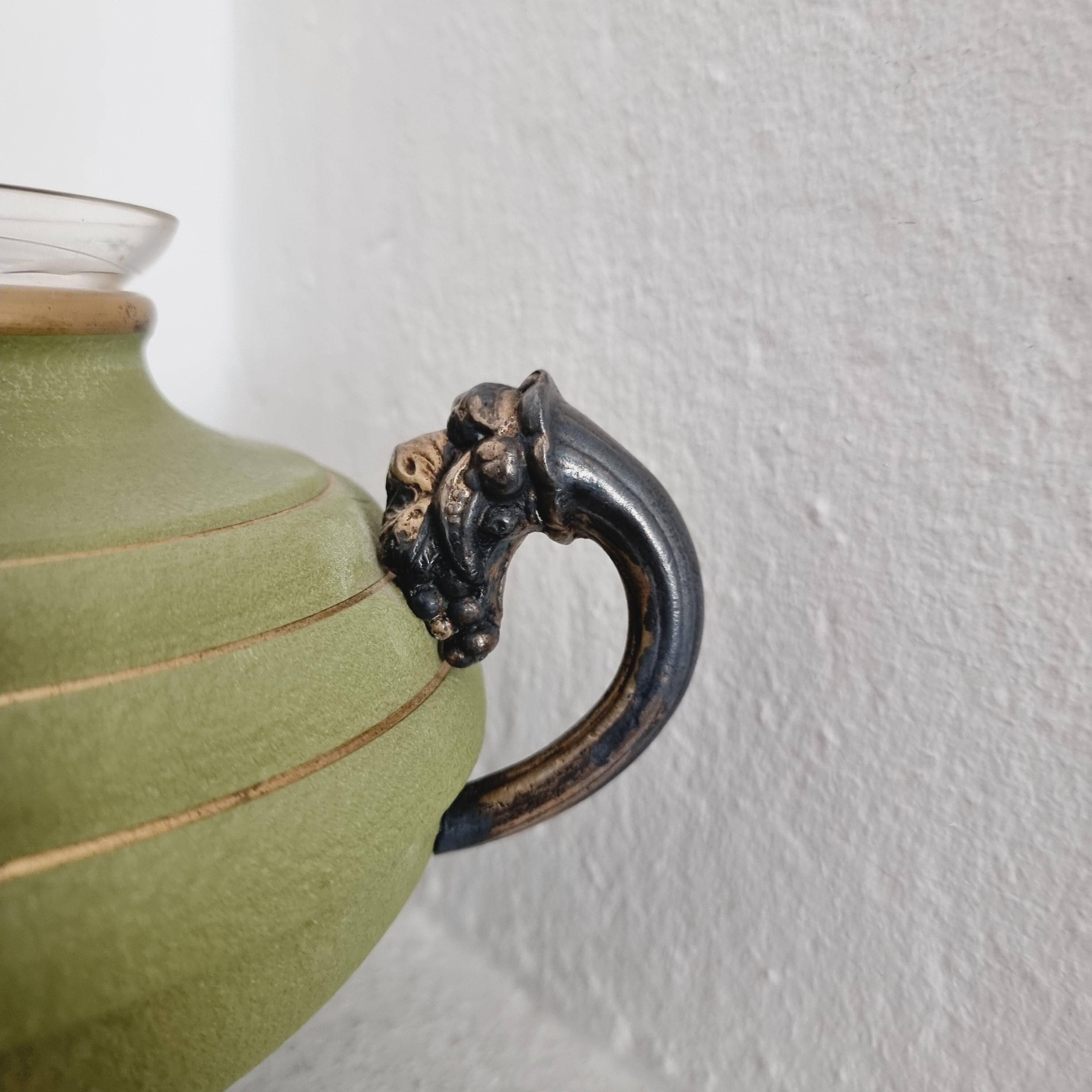 Metal, wood, and engraved glass vase. Swedish grace, 1930s.