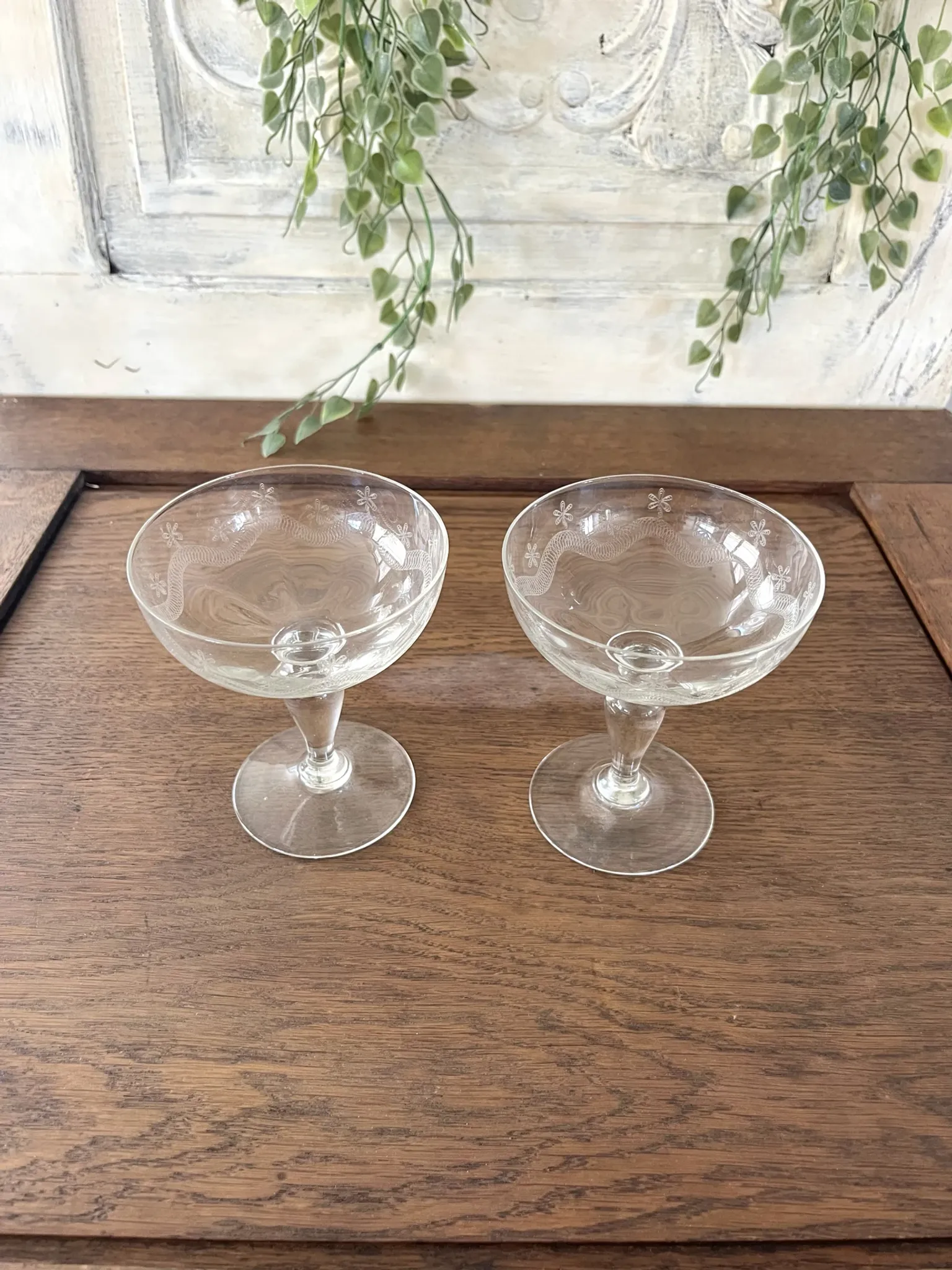 Champagne glasses coupe glasses set of 2 etched floral design crystal