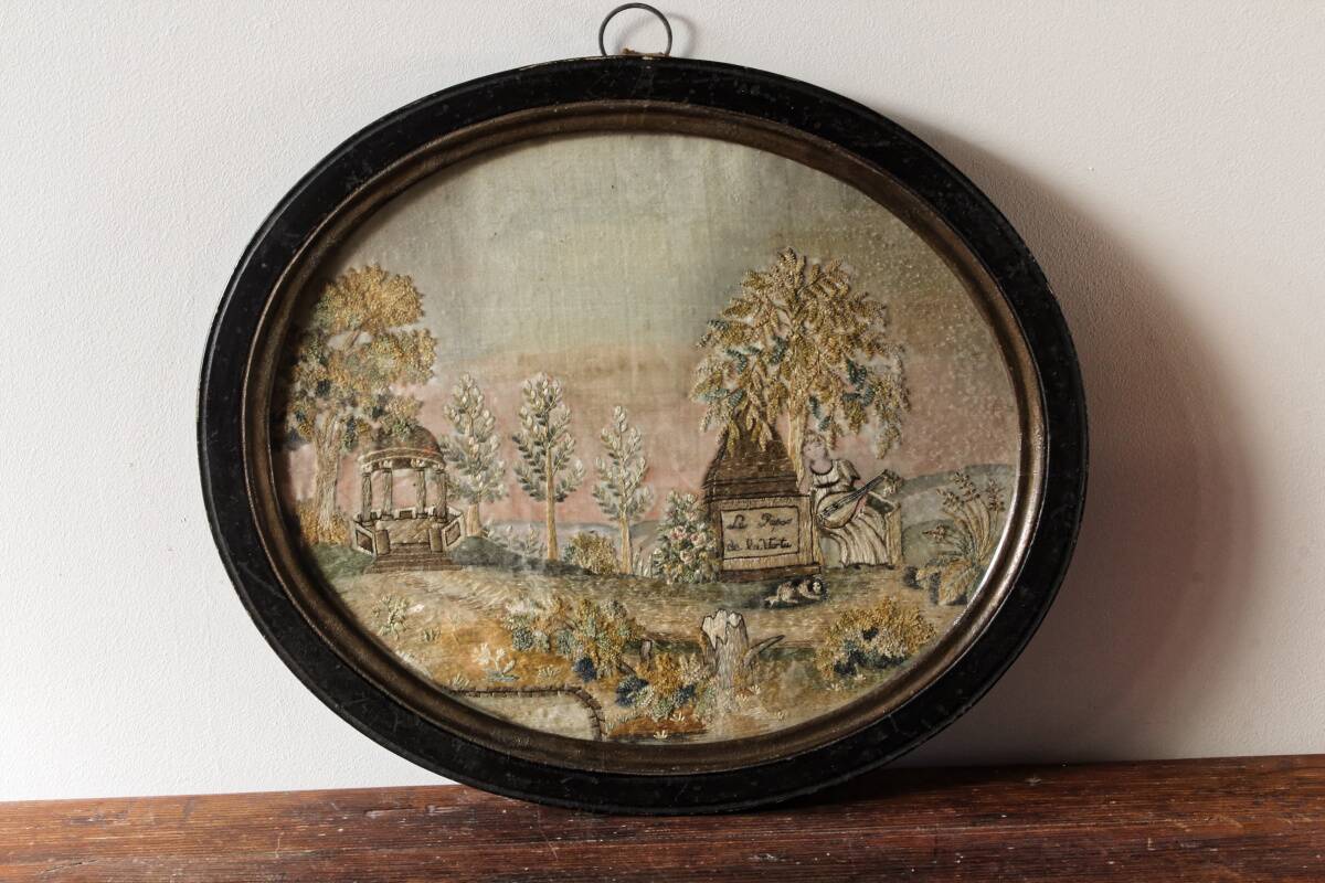 Pair of embroidered silks, needle painting, circa 1800