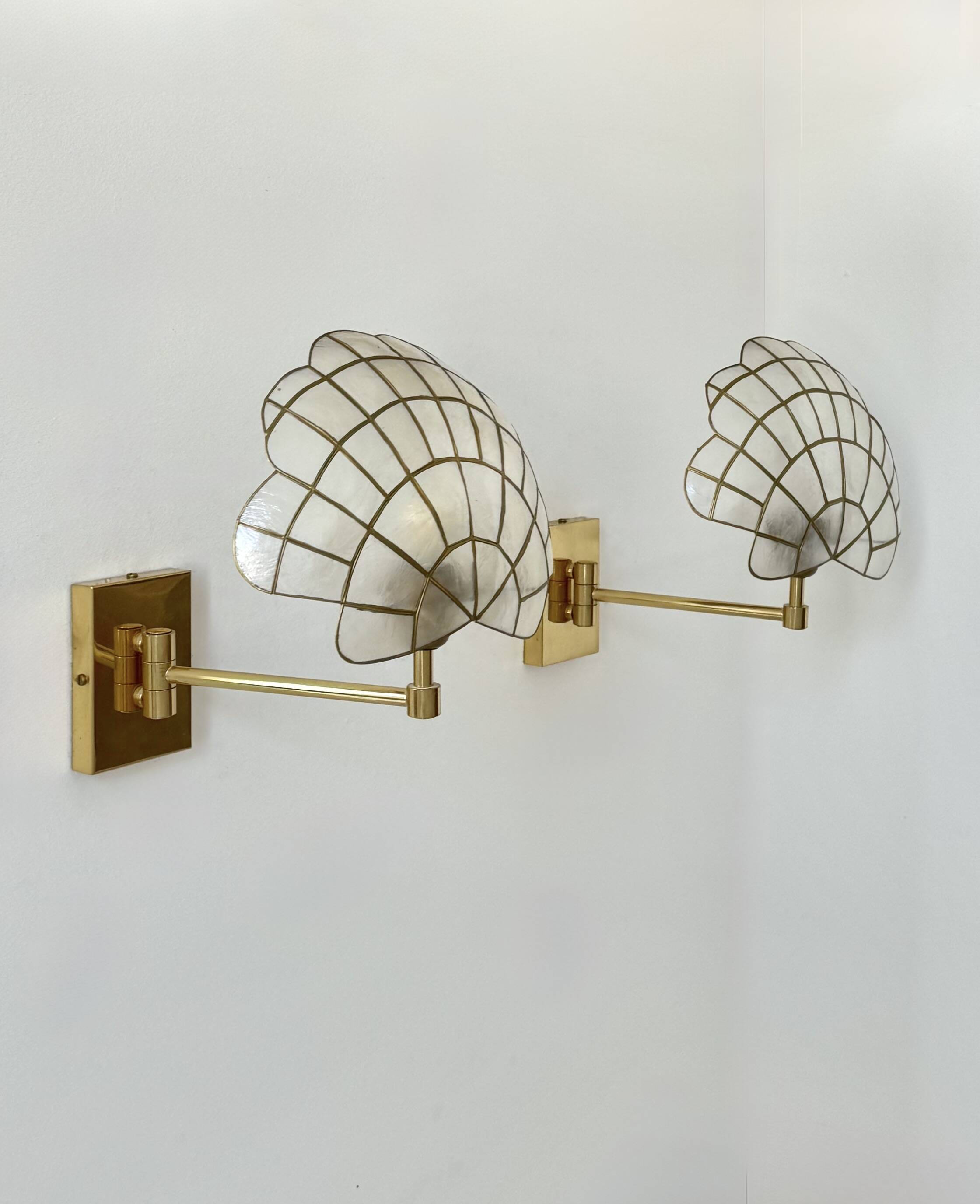 Pair of adjustable vintage wall lights, brass and mother-of-pearl, France, 1980.