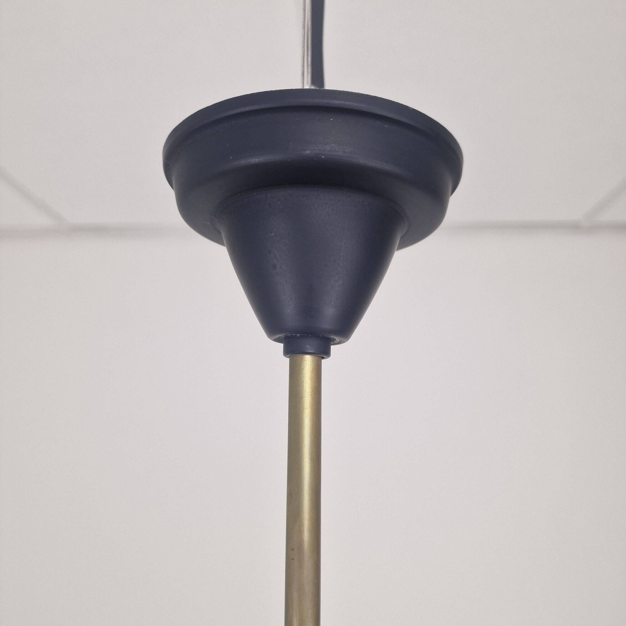 Italian Brass, Teak and Opaline Glass Chandelier by Stilnovo, 1960's