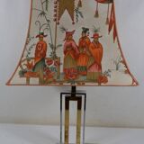 France 1970s - Vintage lamp with a chrome base and shade featuring Asian decor.