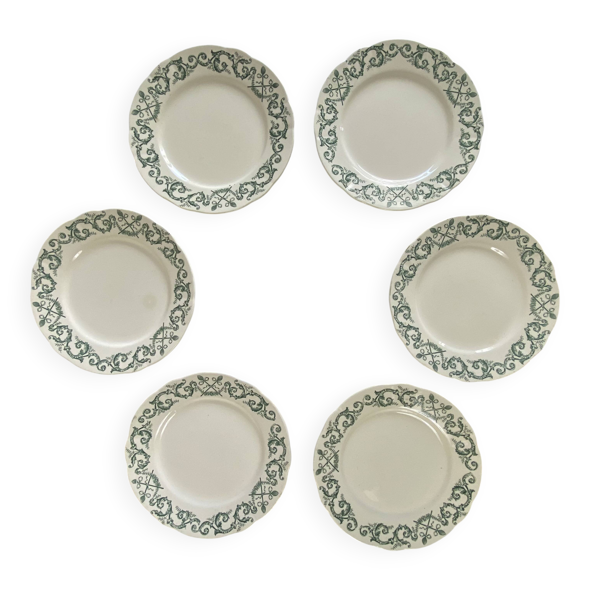 6 Longchamp ironstone dessert plates, Treviso pattern, green earthenware