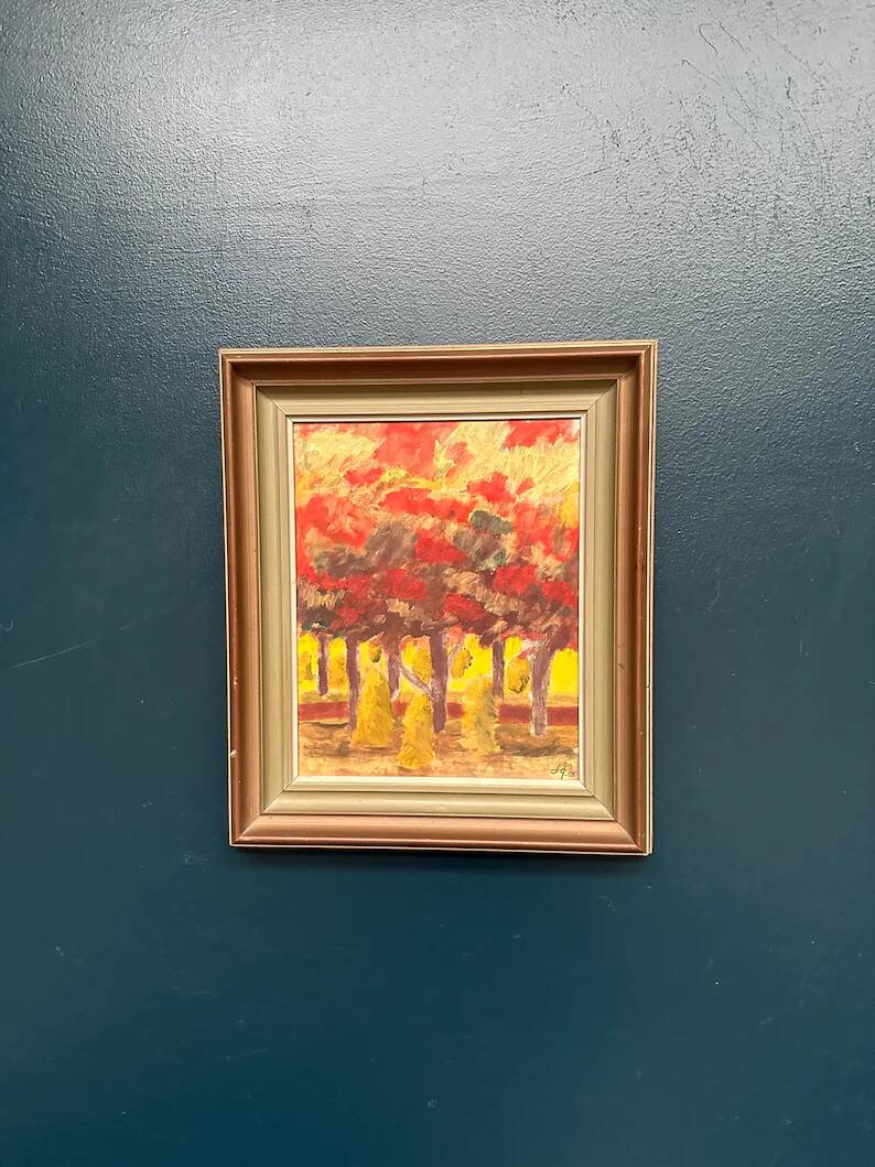 Huile sur panneau originale suédoise "Forêt", signée, vintage et encadrée.