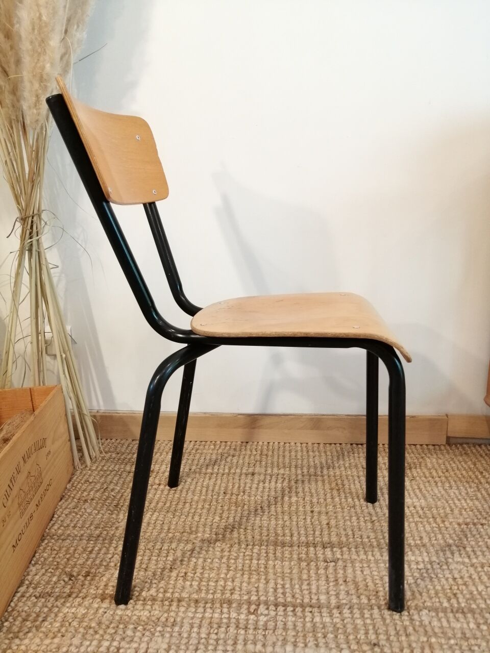 Series of 4 wooden and metal school chairs