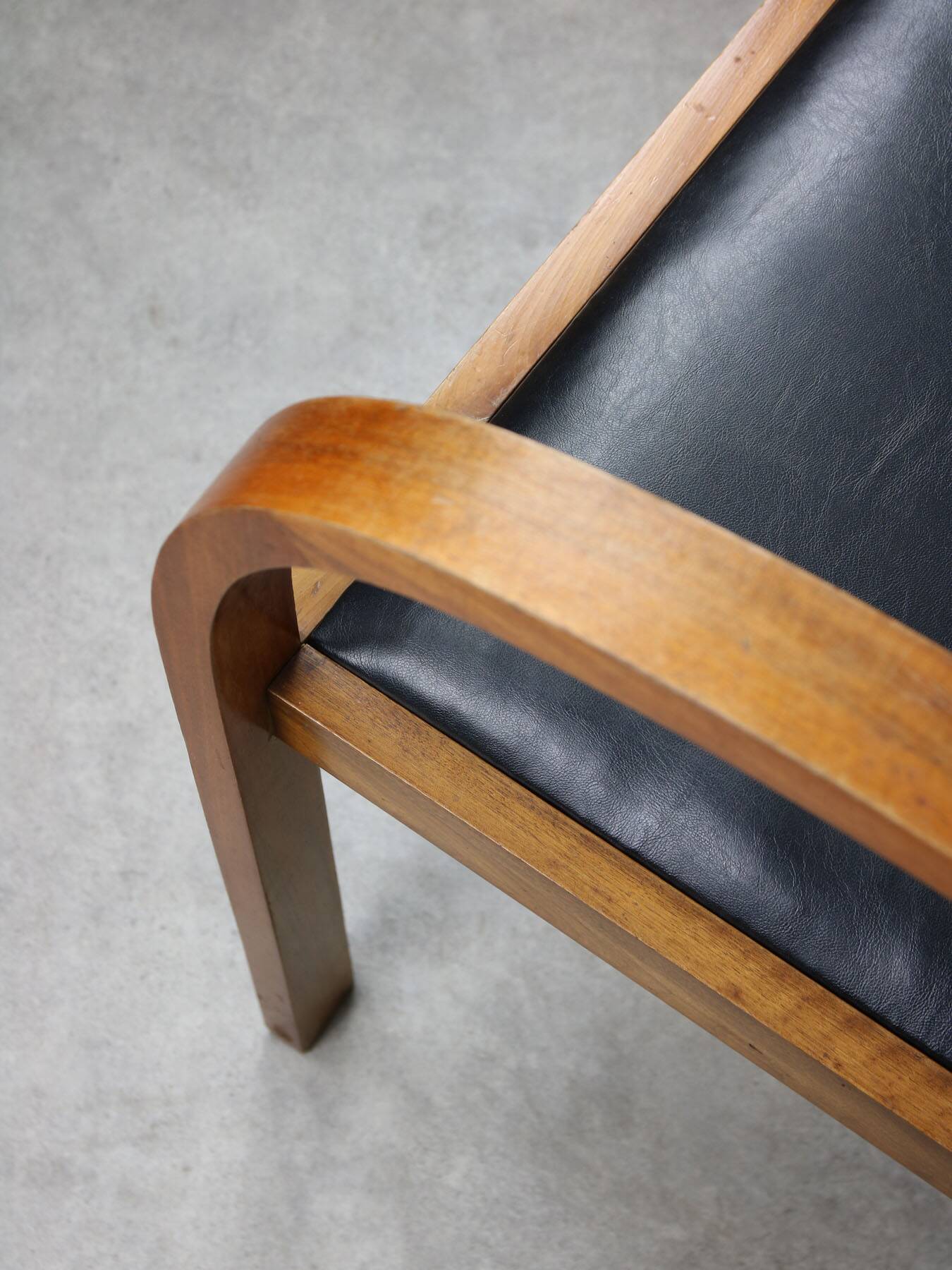 Italian Art Deco Lounge Chairs in Wood & Black Leatherette, set of 2