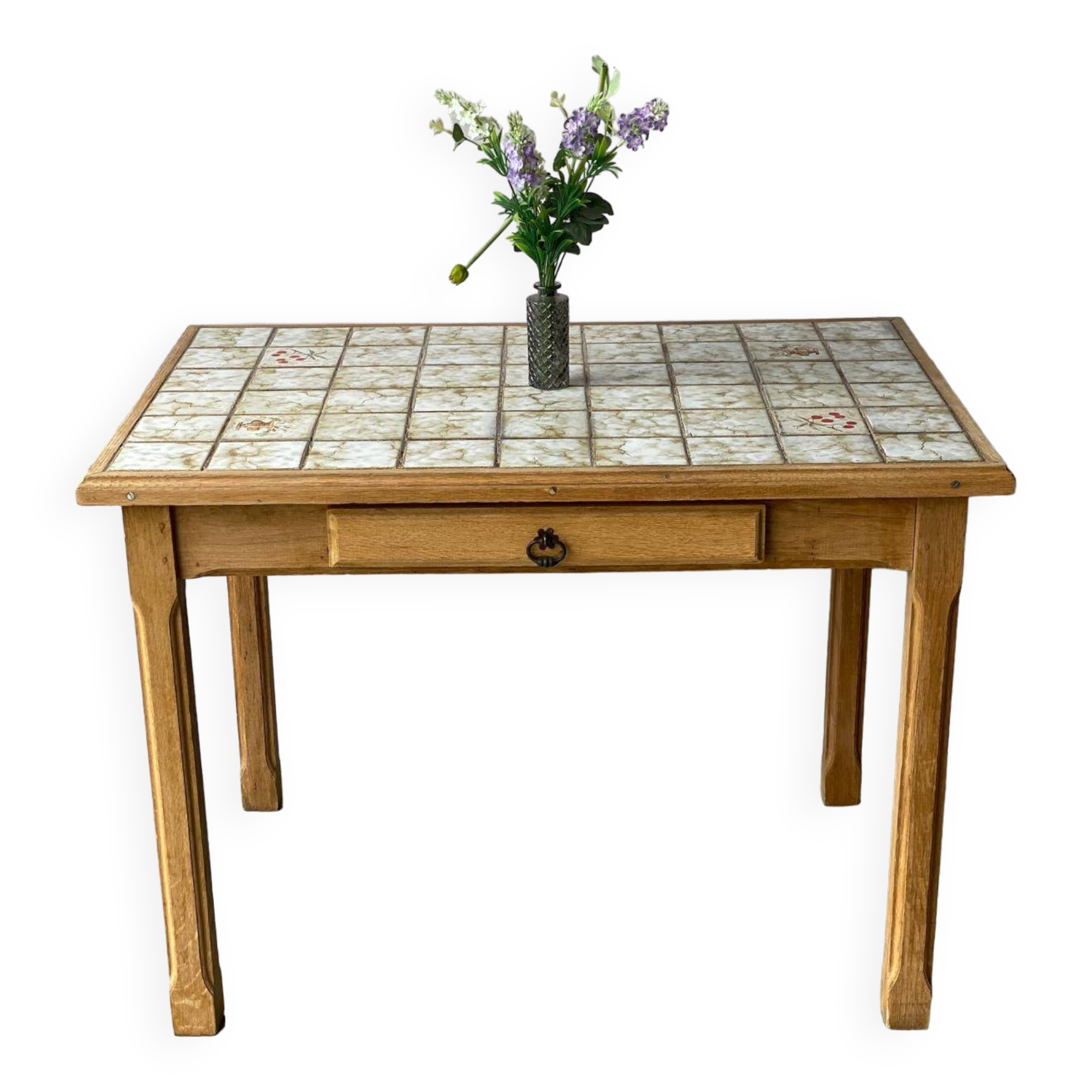 Vintage farmhouse dining table solid wood ceramic tiles 105cm renovated