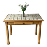 Vintage farmhouse dining table solid wood ceramic tiles 105cm renovated