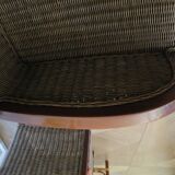 2 armchairs in woven rattan and wood, 1980s