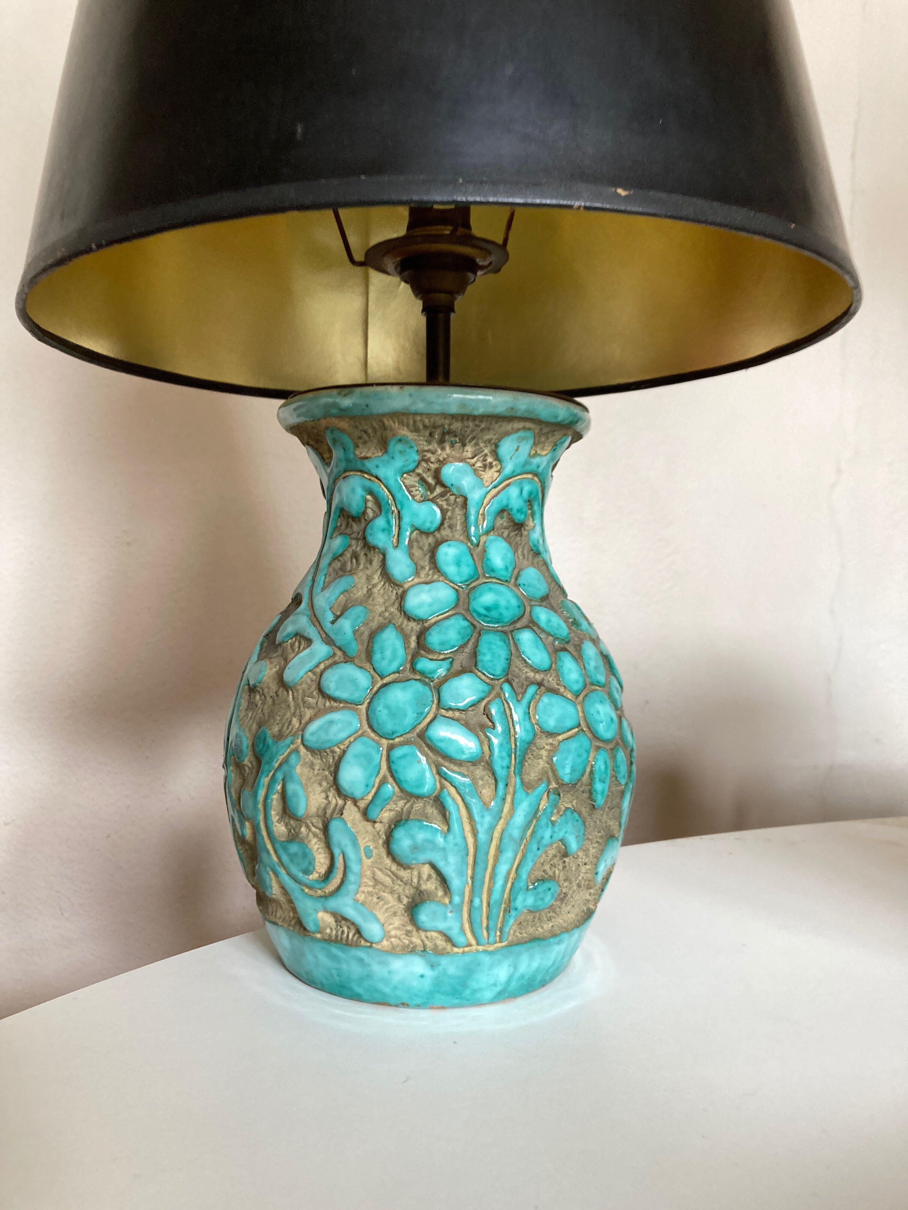 Italian glazed ceramic lamp 1960 mid century Bitossi turquoise
