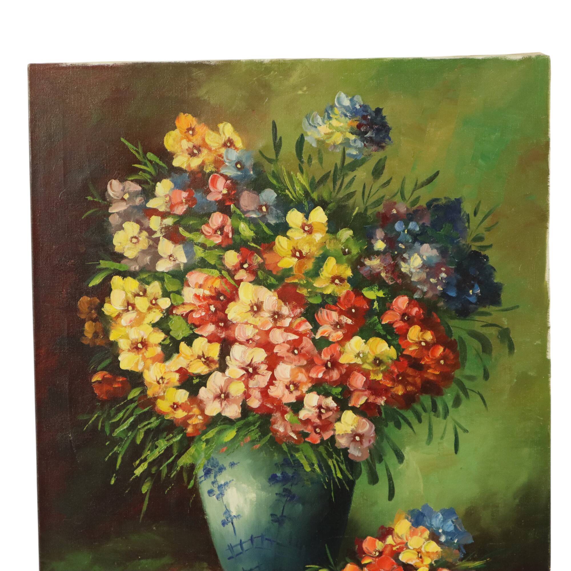 Grande nature morte de fleurs colorées signée 60x50cm