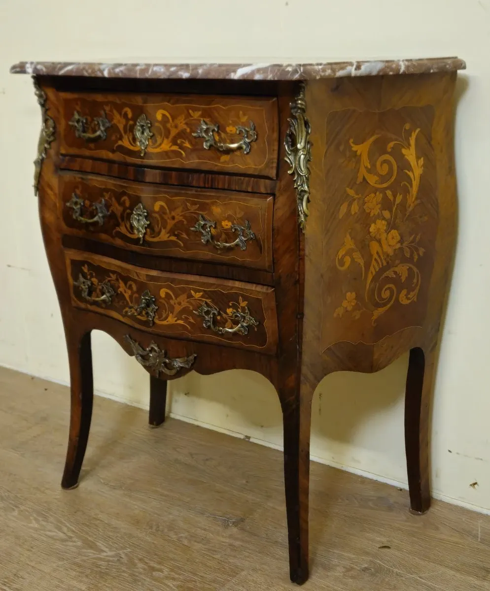 Louis XV style marquetry jump commode – 3 drawers – Marble top