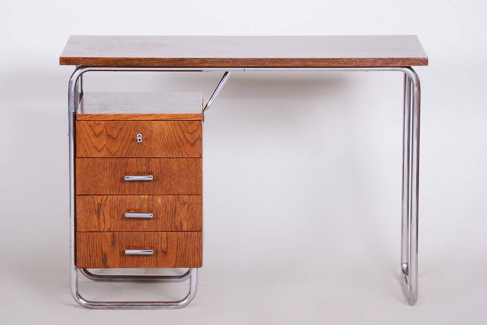 Bauhaus Writing Desk in Oak and Chrome by R. Slezák, Czech, 1930s