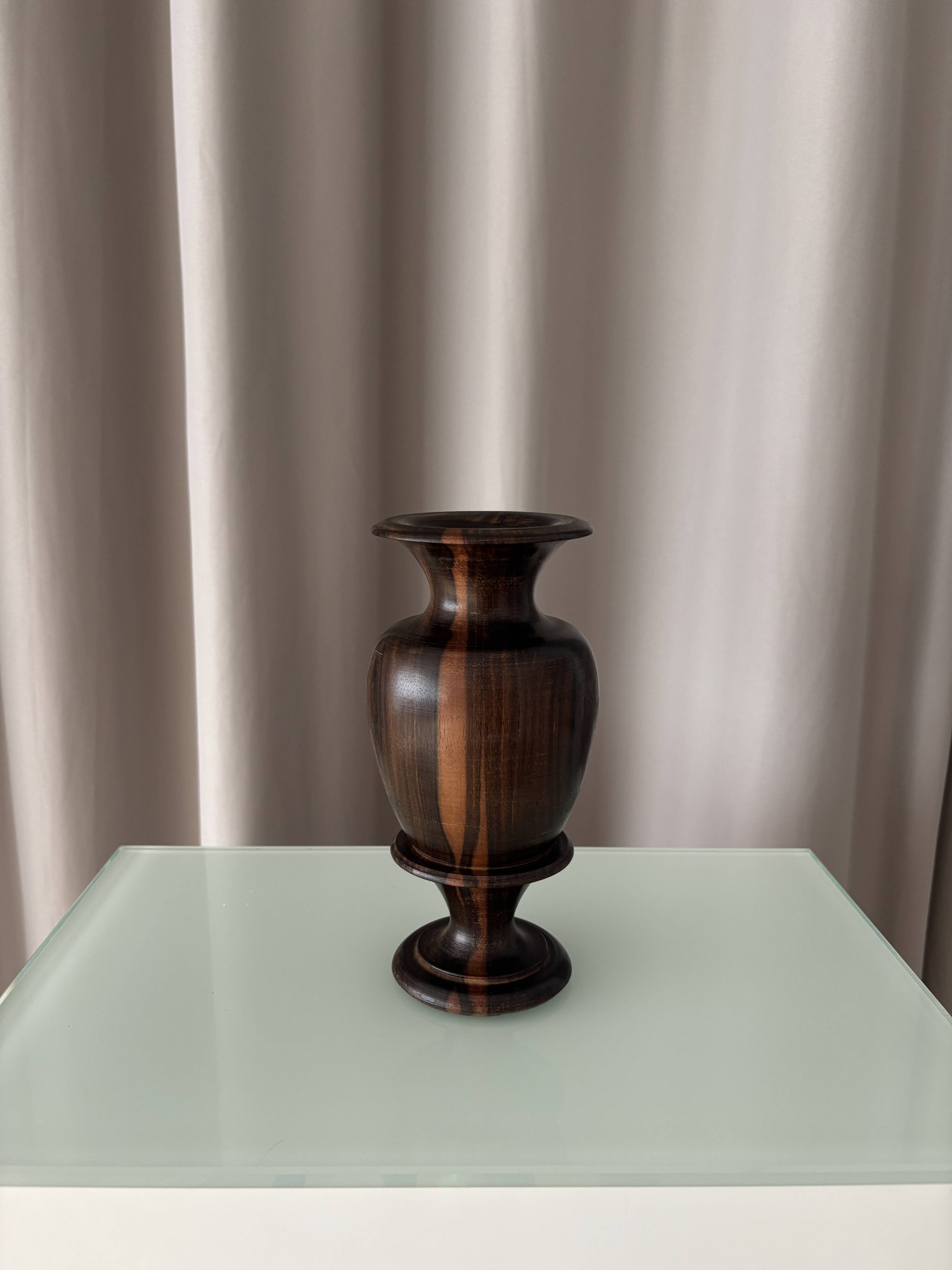 Vintage Sculptural Turned Wood Vase – Dark Hardwood – 20 cm