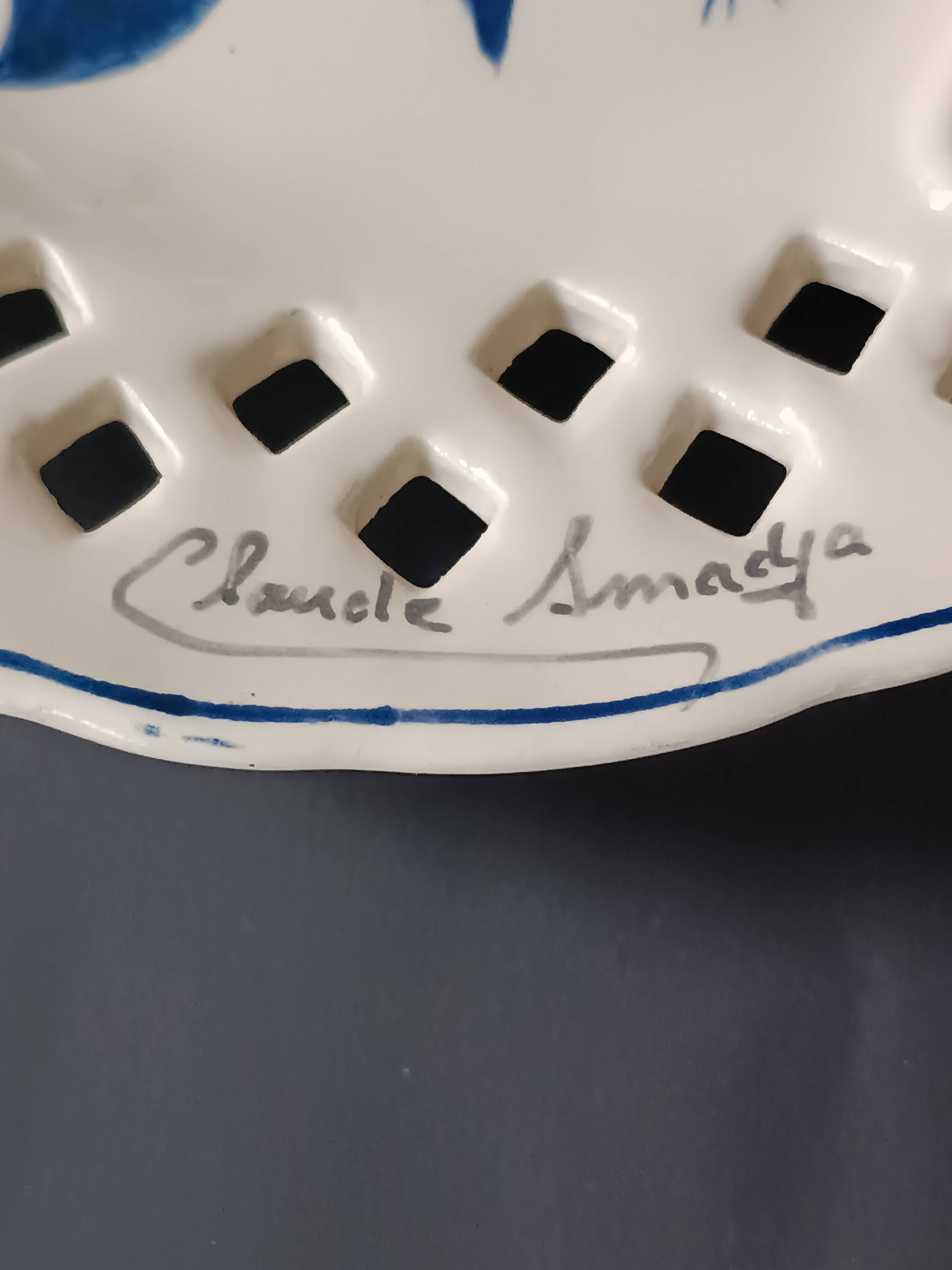 Vintage painted ceramic wall plate with cut-out design by Claude Smadja.