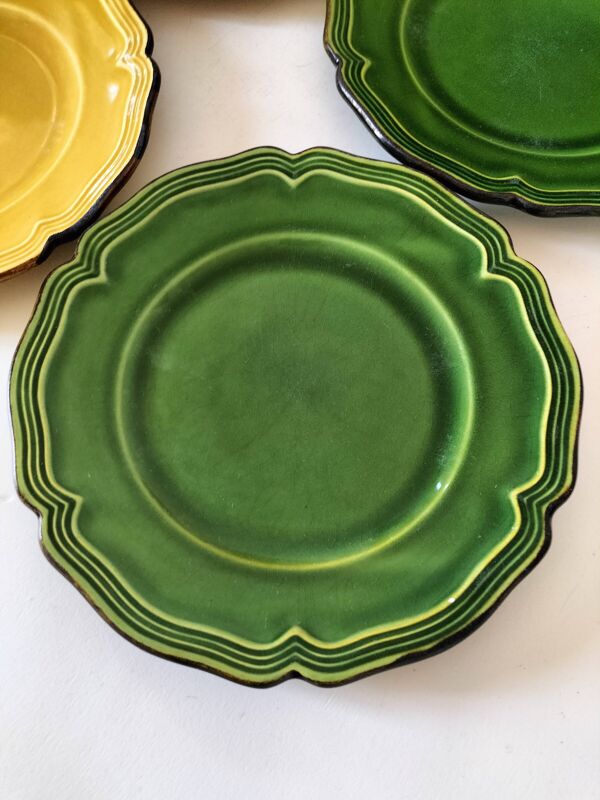 6 assiettes Dieulefit R. Milon vert et jaune terre vernissée