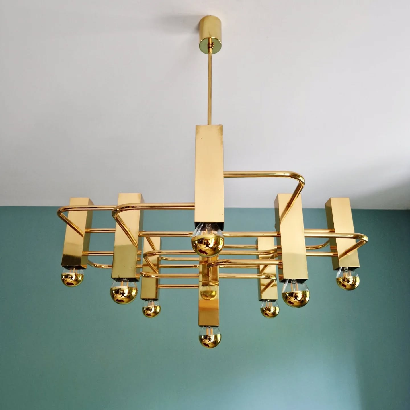 Large geometric brass chandelier, Gaetano Sciolari, Boulanger, 1970