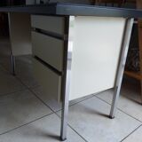 Industrial metal desk from the 70s with three drawers and glass top