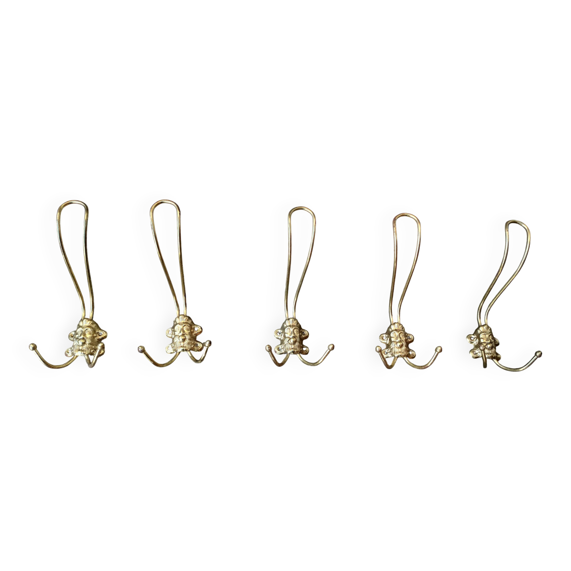 set of 5 antique gold metal hooks