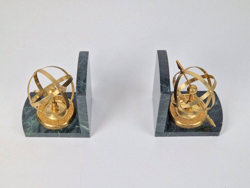 Nautical Brass & Marble Sundial Bookends, Set of 2
