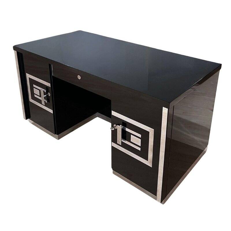 Art Deco Desk in Black Lacquer, Walnut & Metal, France, 1930s-1940s
