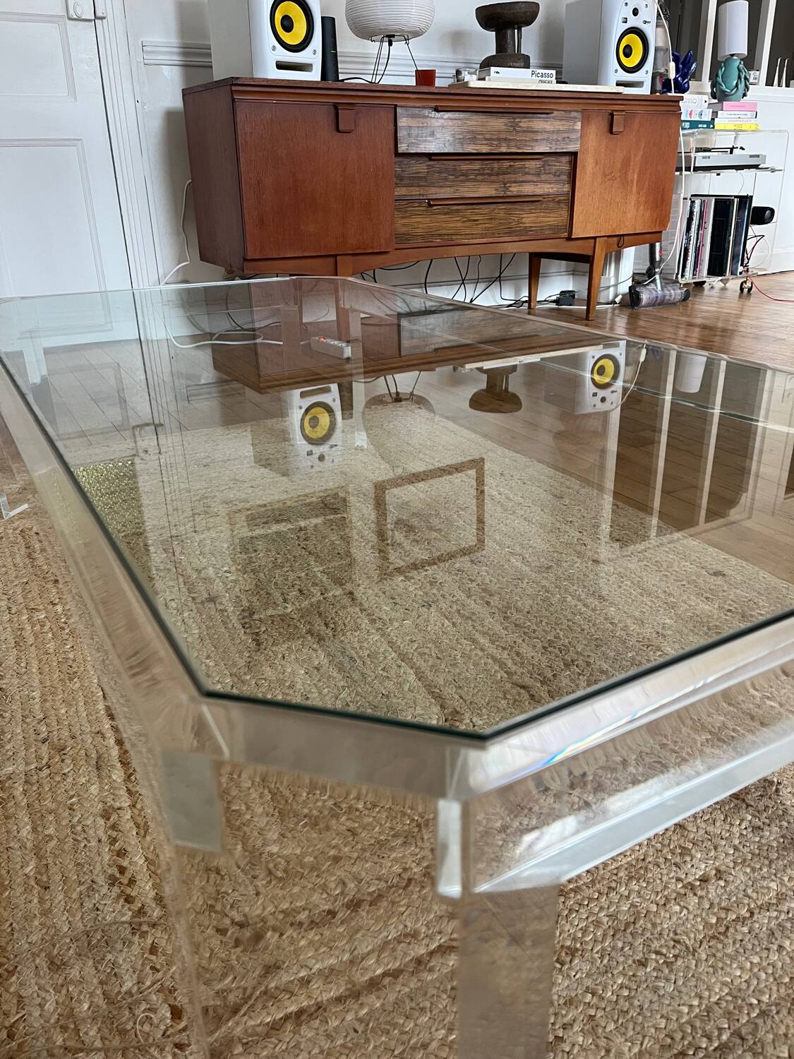 Table basse Athena en altuglas et verre David Lange, années 1970