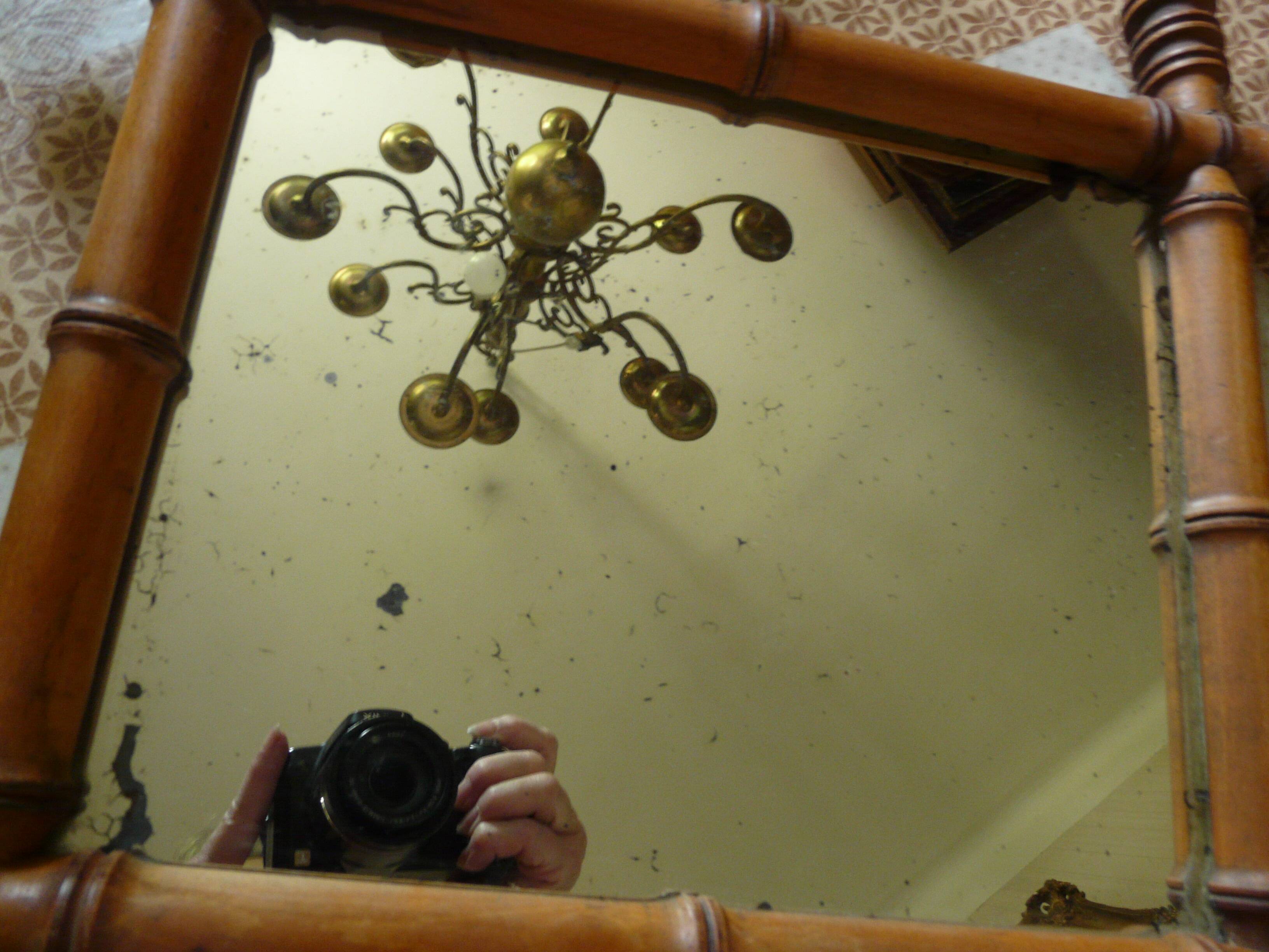 Antique turned wooden mirror in bamboo style H.47cm.