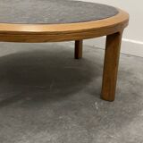 Vintage round textured slate and solid oak coffee table, France, 1970s
