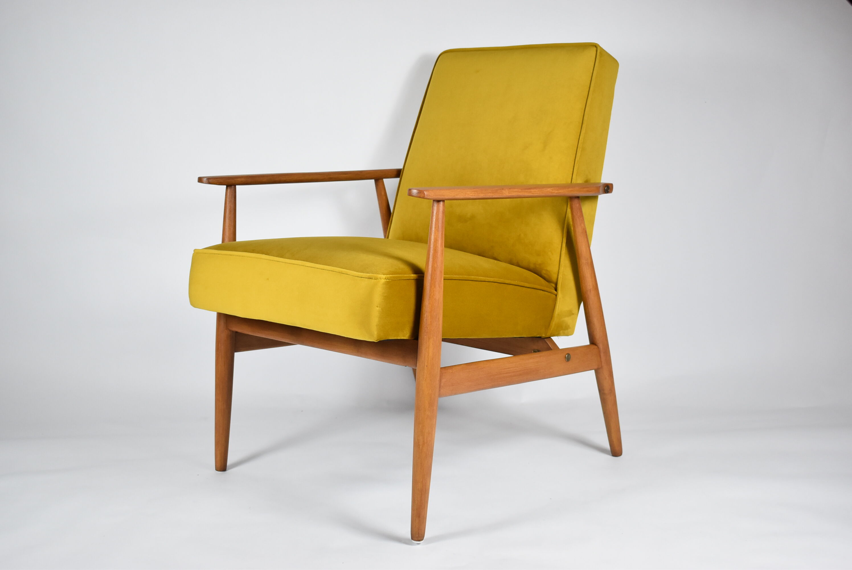 Polish vintage armchair "Fox" designed by H. Lis, fully renovated, 60s, yellow velvet-golden autumn