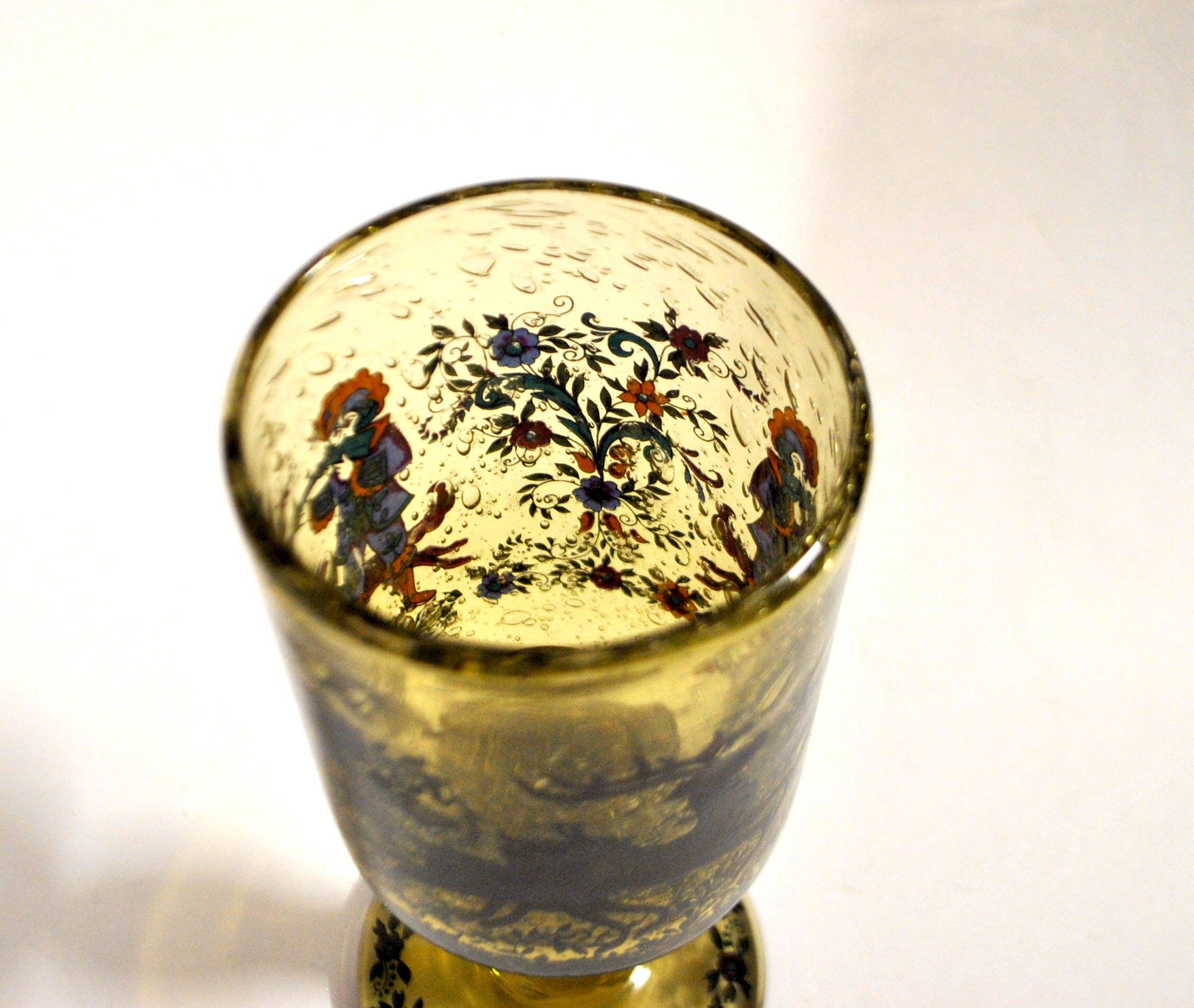 Roemer glass in bubble glass, enamelled, hunter Alfred TAUBE VOHENSTRAUSS Germany