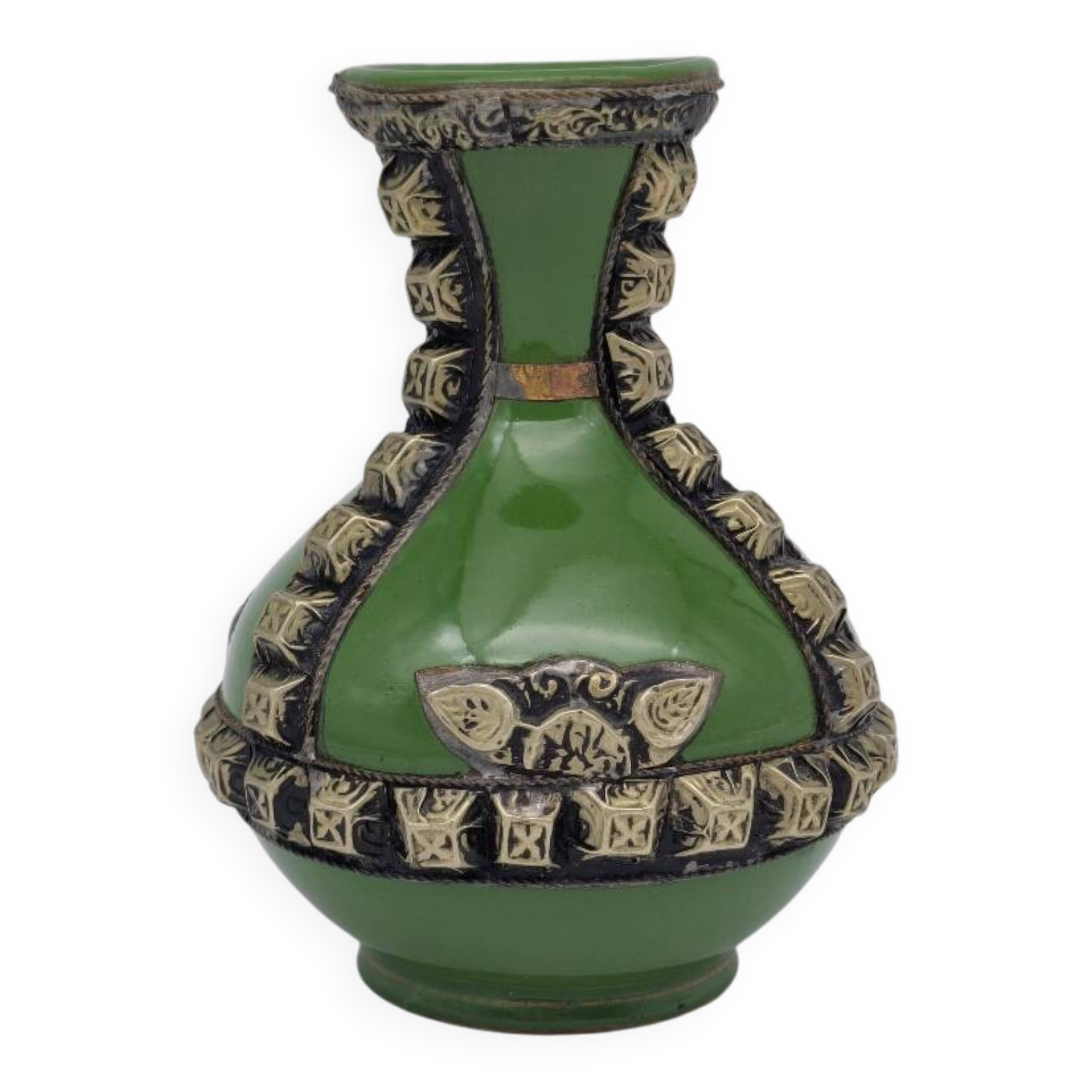 Antique green glazed ceramic vase with relief decoration – Europe