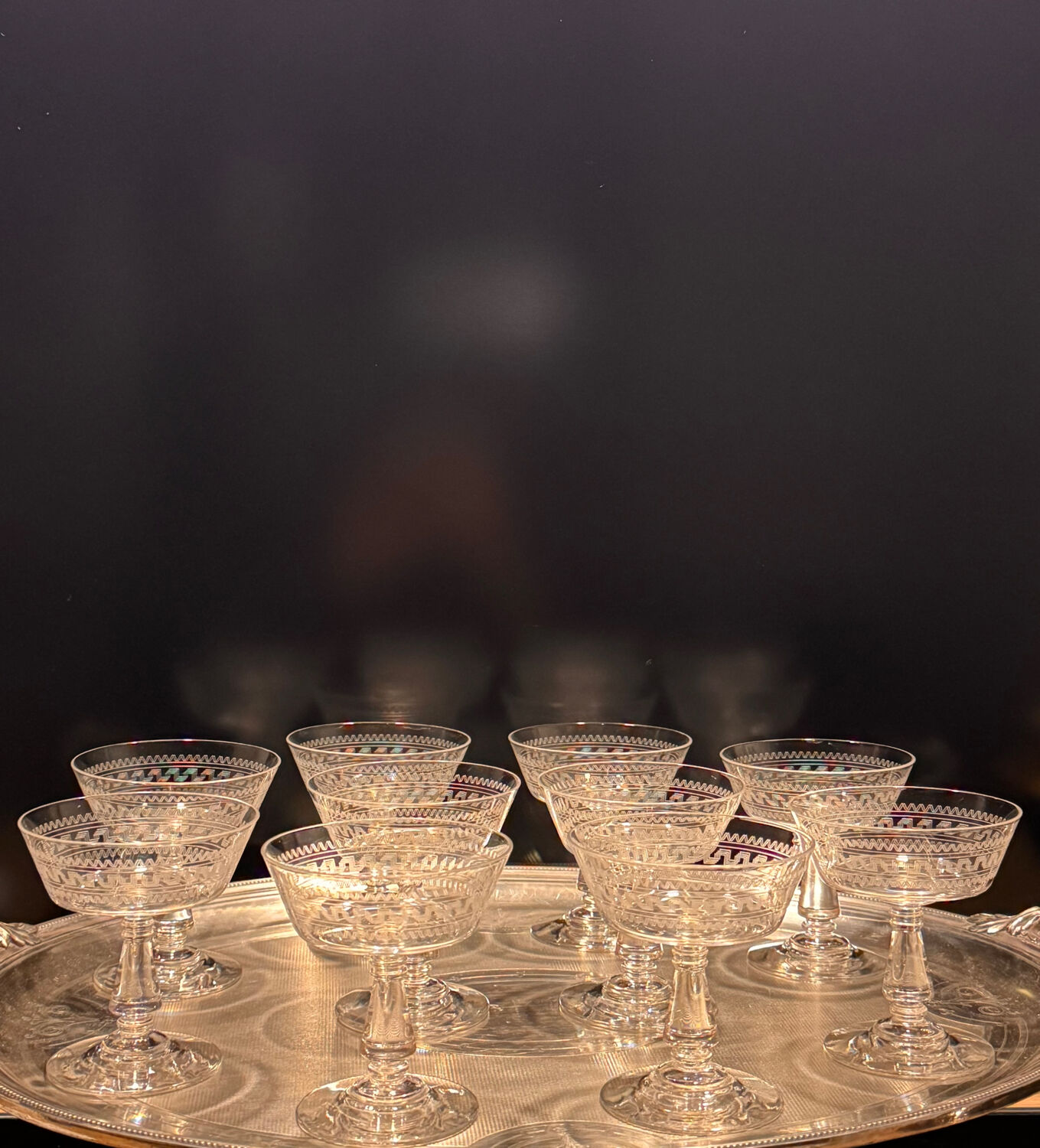 Baccarat, set of 10 engraved crystal champagne glasses from 1900.