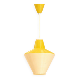 Yellow Rotaflex cellulose pending lamp by A.R.P, France 1970s