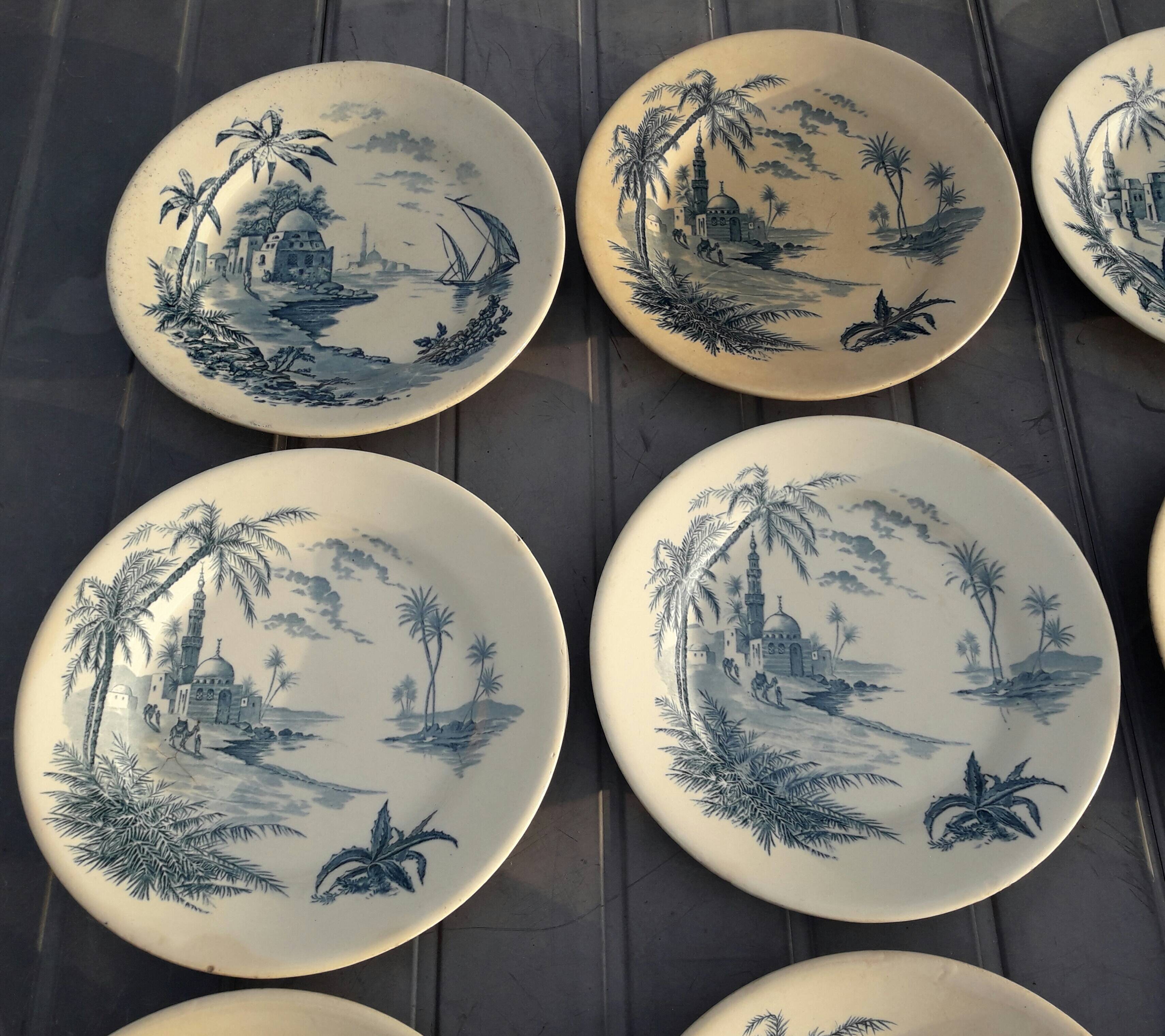 Gien earthenware service, Vues d'Orient model, 21 pieces, late 19th century