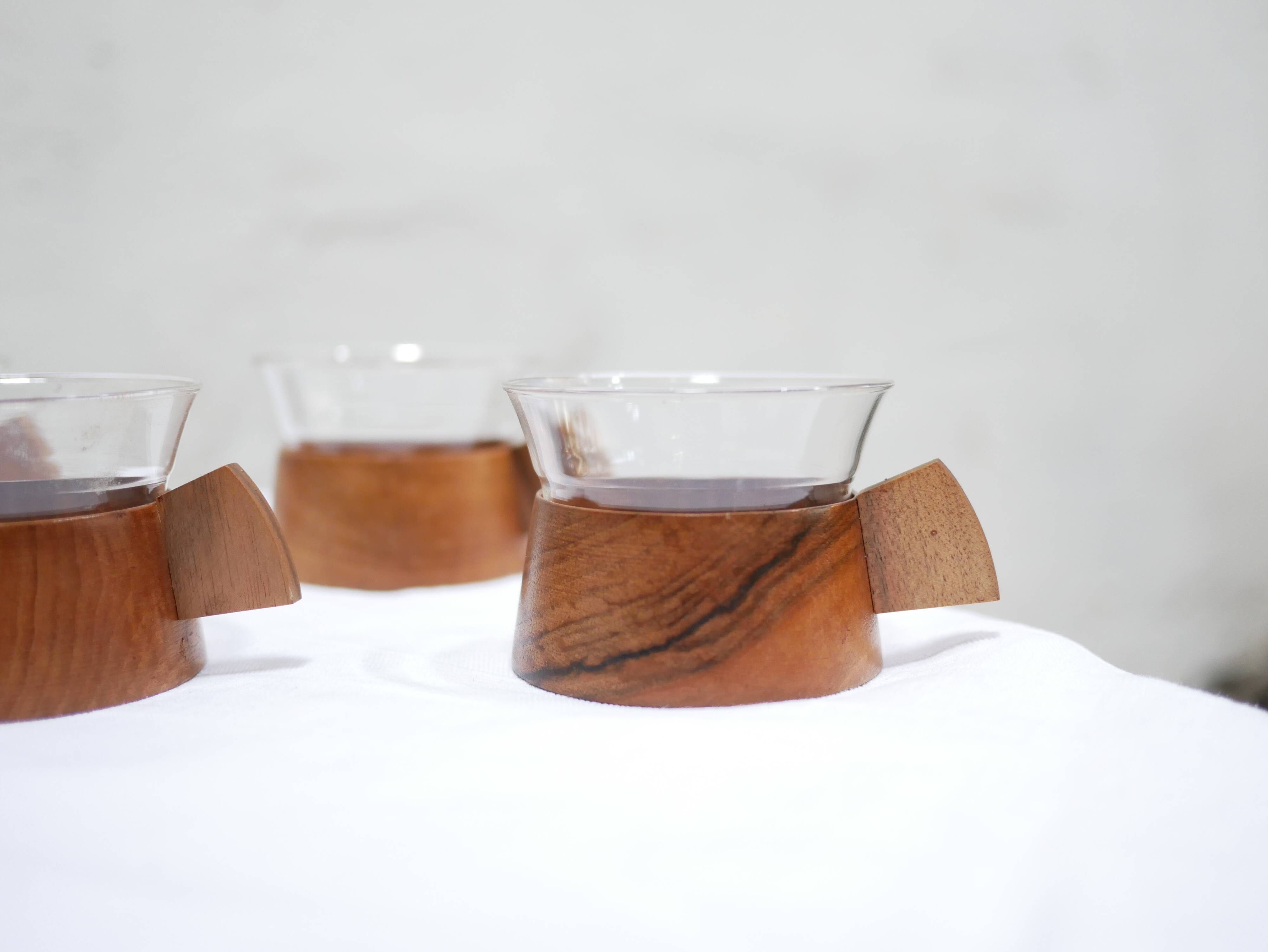 Series of 6 vintage Scandinavian cups in Schott & Gen Mainz teak and glass