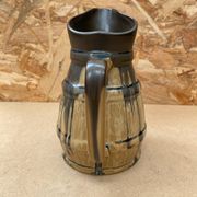 Antique Barrel Shaped Pitcher Glazed Stoneware Beige & Blue Vintage Service
