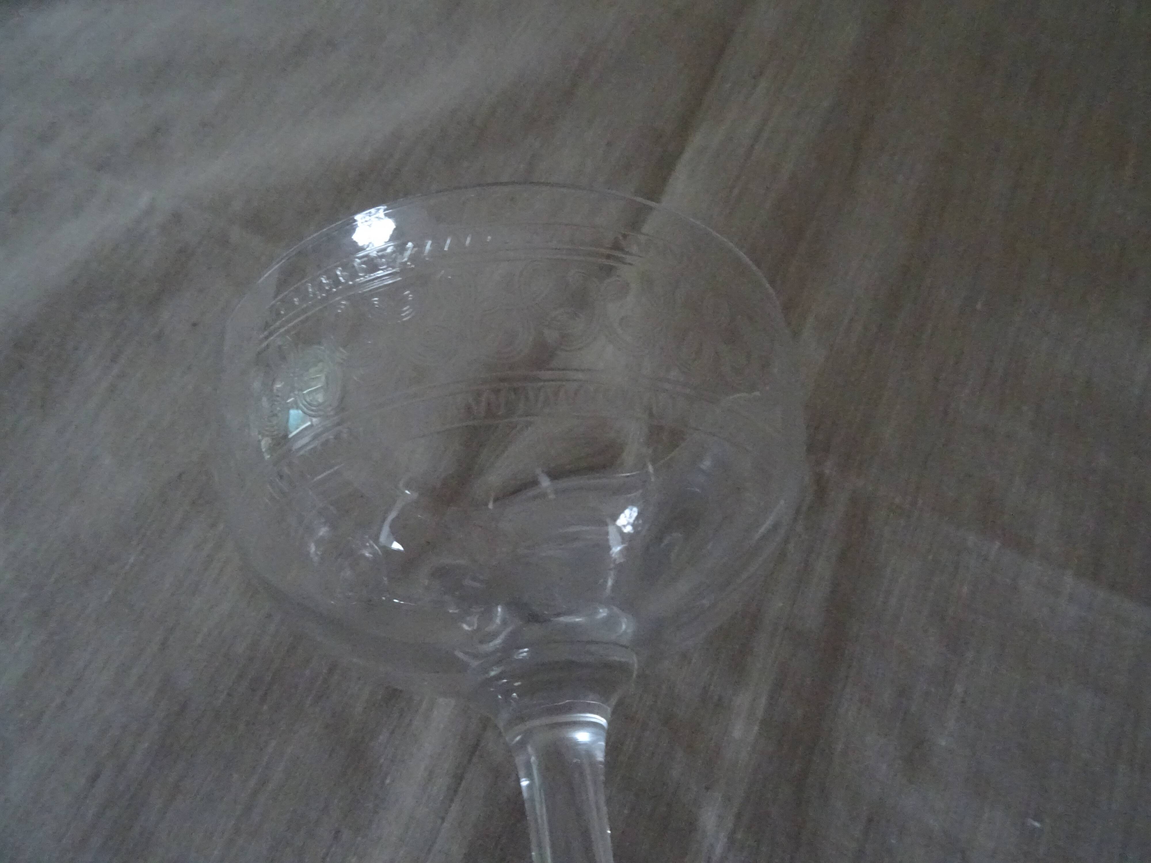 Pair of old crystal champagne glasses wide frieze right foot