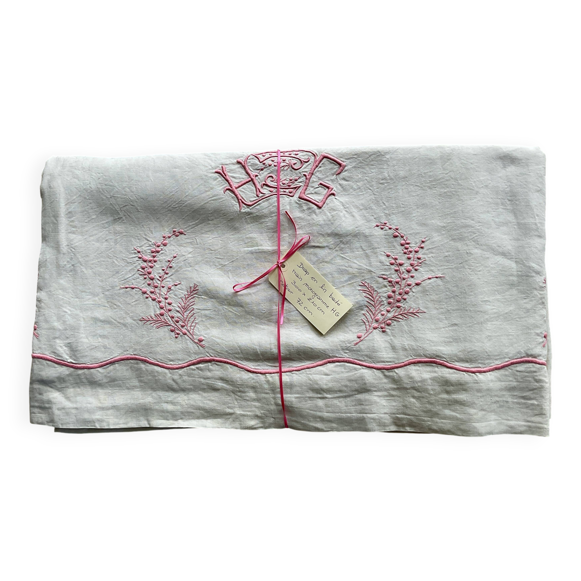 Antique linen sheet with hand-embroidered HG monogram