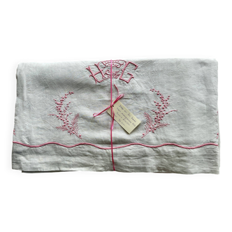 Antique linen sheet with hand-embroidered HG monogram