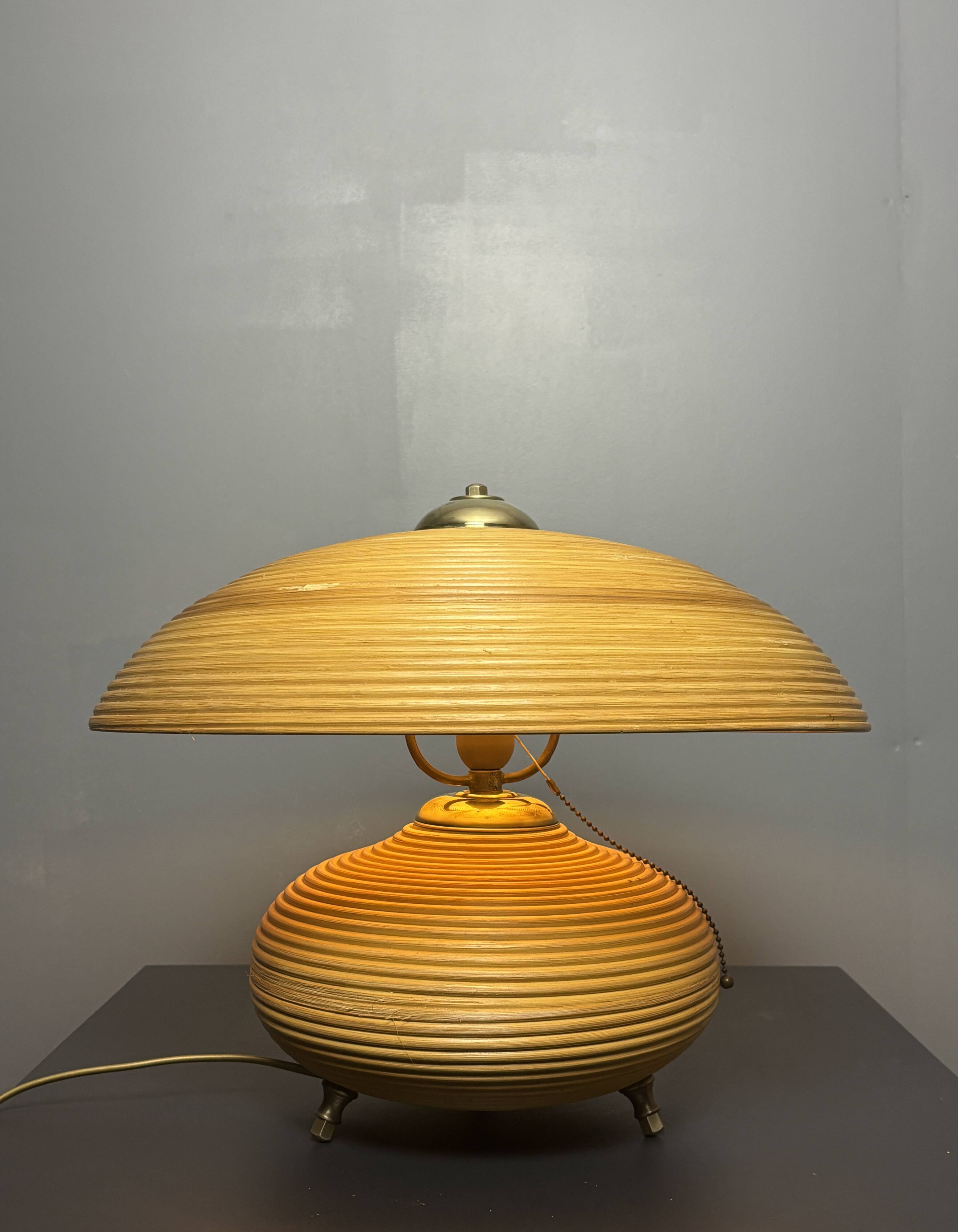 Pencil Reed Rattan Bamboo and Brass Mushroom Table Lamp, Italy, 1970s